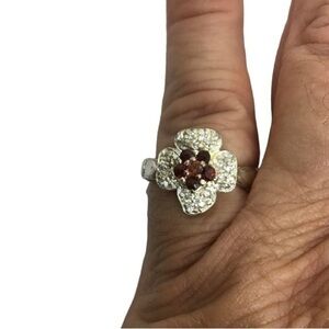 Sterling silver red & white gemstone floral ring